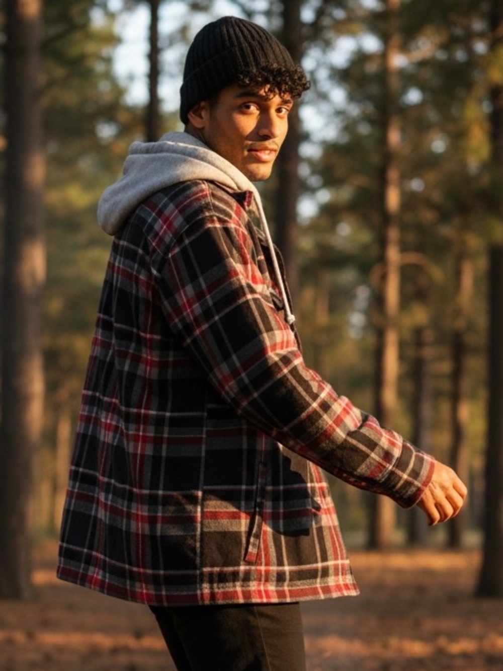 RedHead Men's Flannel Hooded Jacket in Black with Red Logo Patch